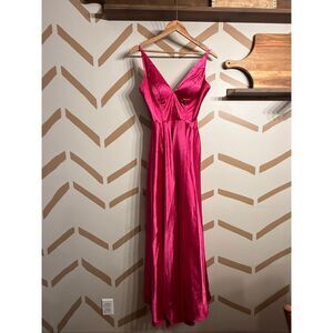Blondie Hot Pink Satin Sleeveless V Neck High Slit Ball Gown Formal Dress Size 0